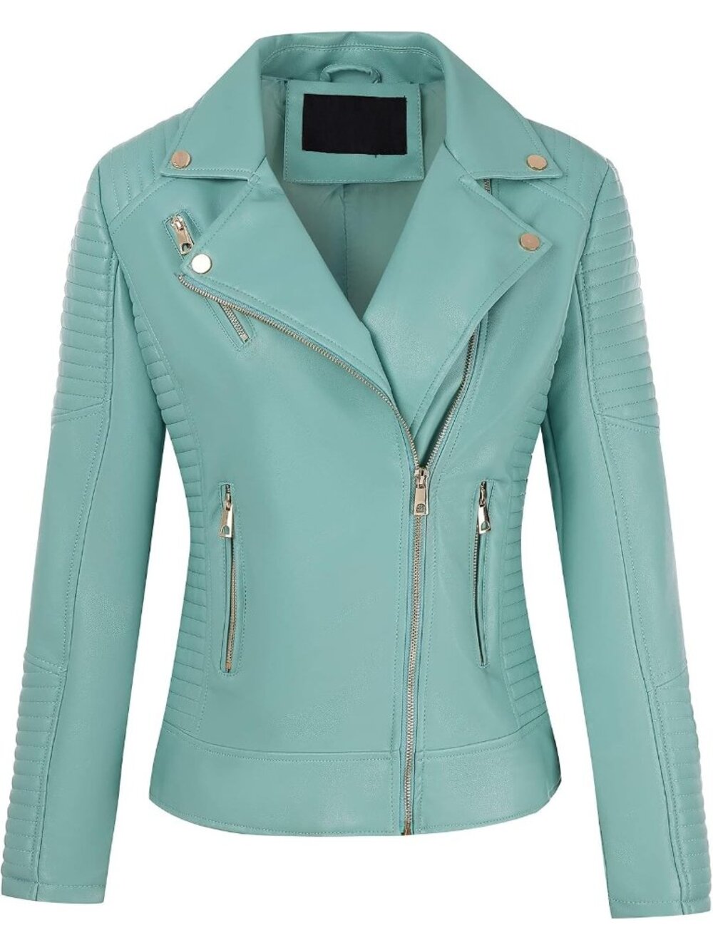 Women Tiffany Blue Faux Leather Quilted Shoulder Zip Up Motorcycle Bomber Jacket